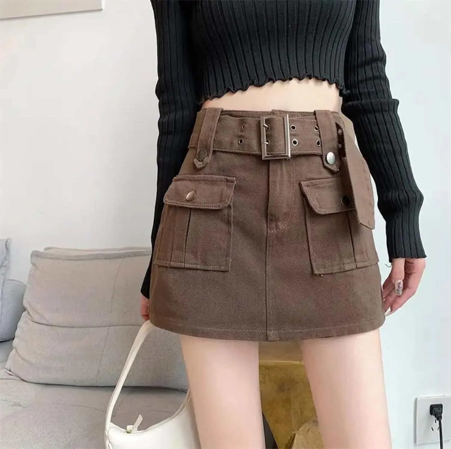 Dawery Fake 2 pcs Skirts Shorts Women Autumn and Winter High-Waisted Y2K A-line Belt Shorts Women's Outwear Cargo Pants
