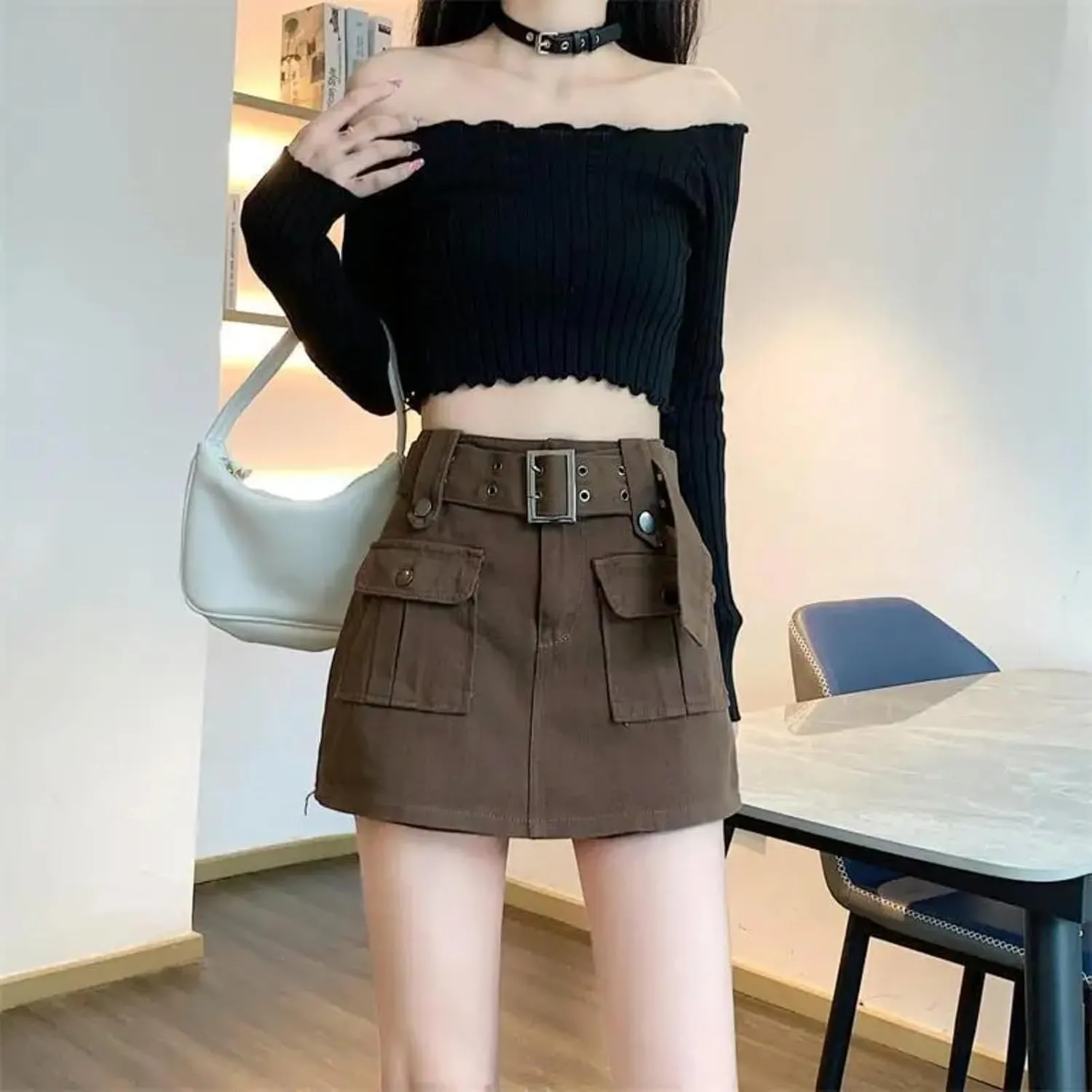 Dawery Fake 2 pcs Skirts Shorts Women Autumn and Winter High-Waisted Y2K A-line Belt Shorts Women's Outwear Cargo Pants