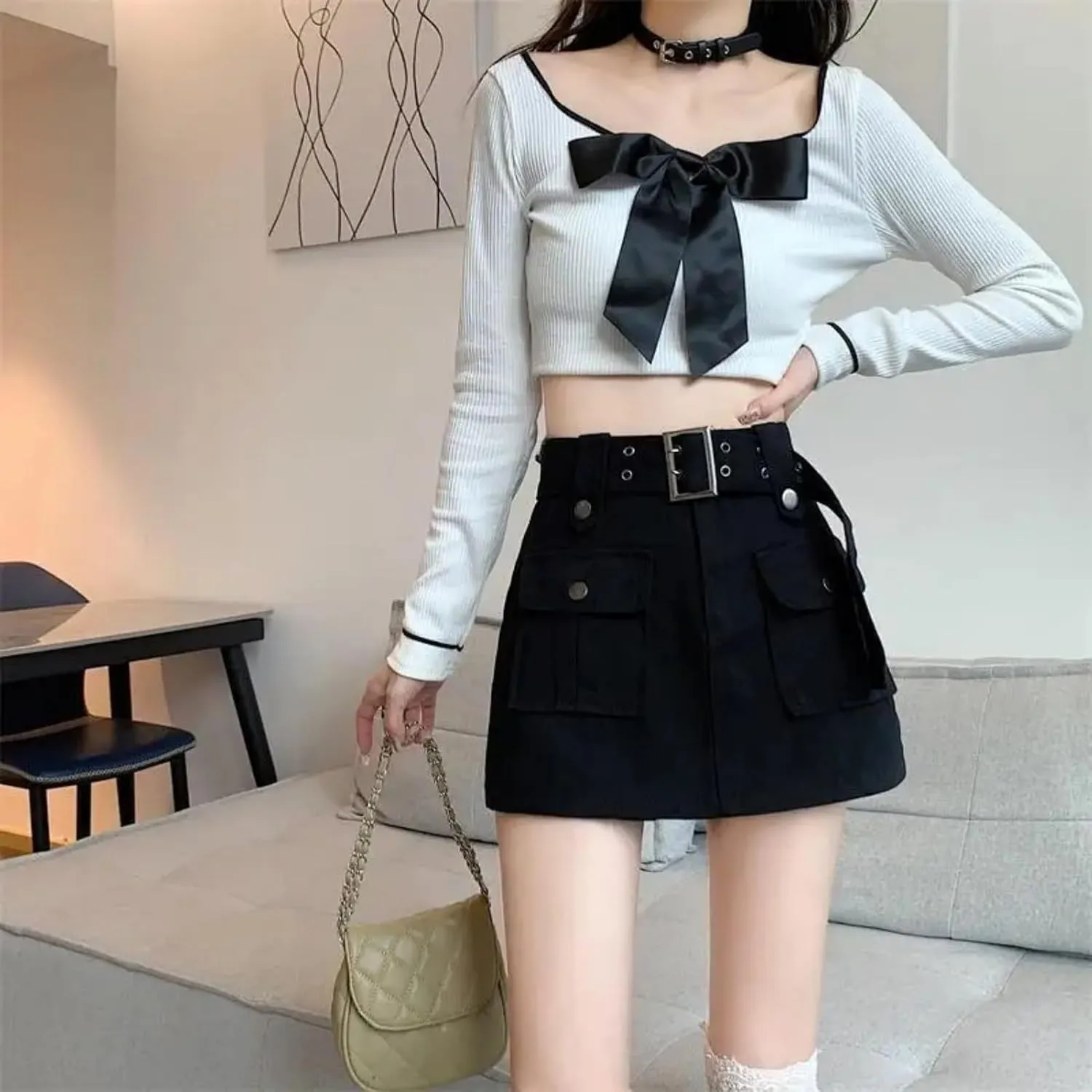 Dawery Fake 2 pcs Skirts Shorts Women Autumn and Winter High-Waisted Y2K A-line Belt Shorts Women's Outwear Cargo Pants