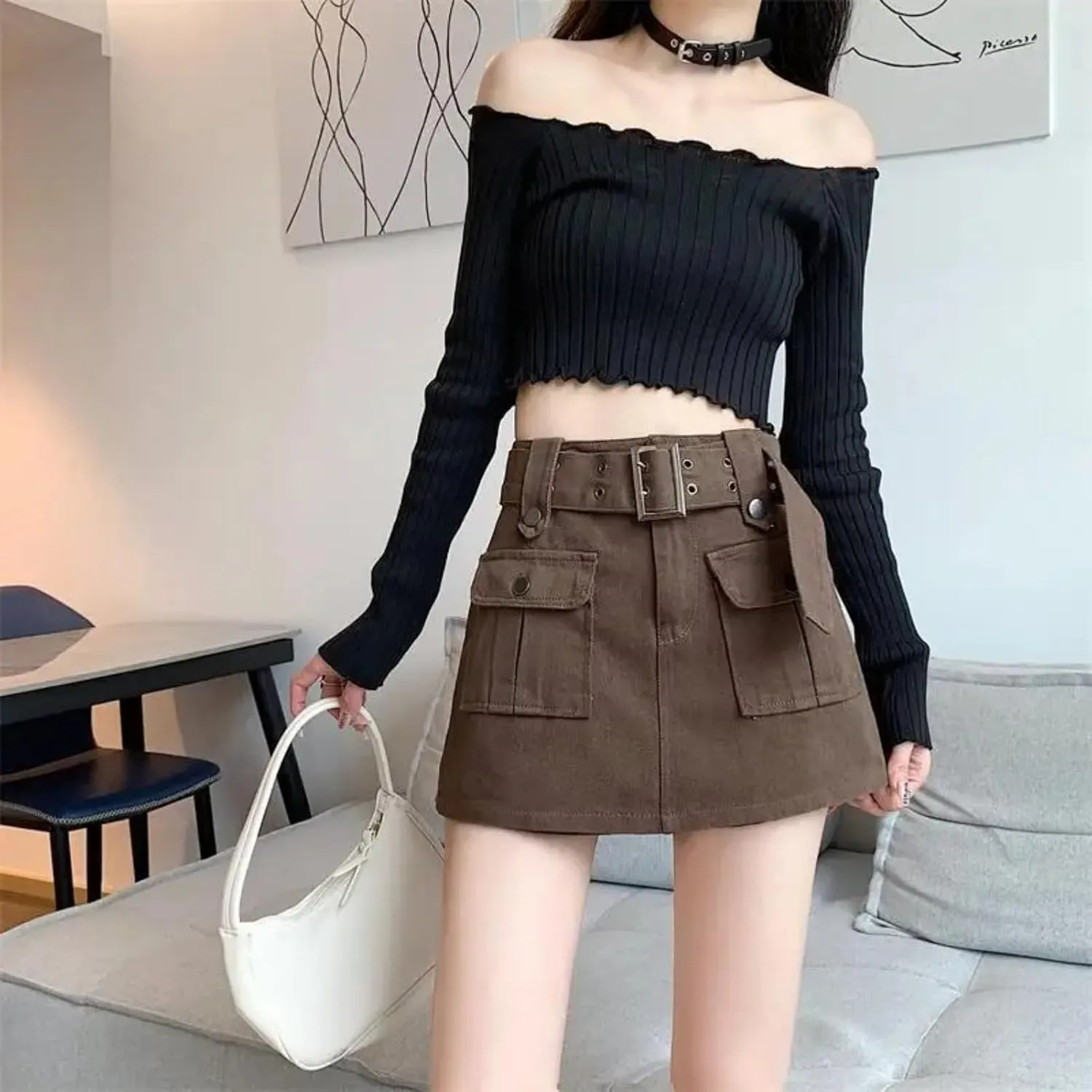 Dawery Fake 2 pcs Skirts Shorts Women Autumn and Winter High-Waisted Y2K A-line Belt Shorts Women's Outwear Cargo Pants