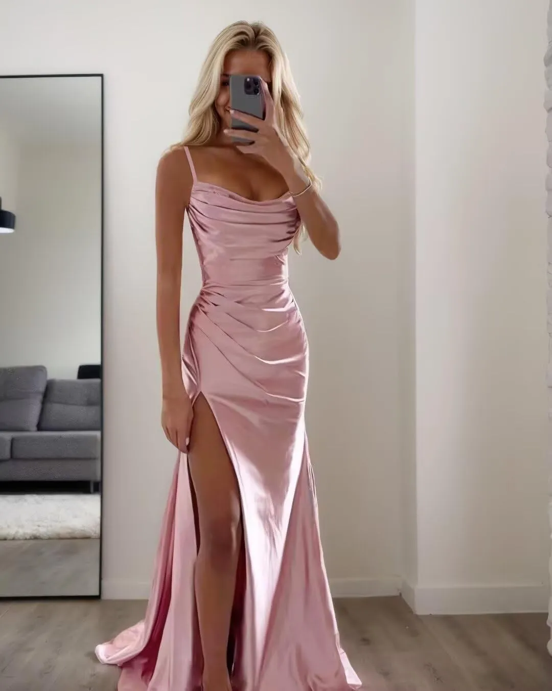 Dessiny Spaghetti Straps Satin Bridesmaid Dresses with Slit 2025 Long Mermaid Formal Prom Dresses for Women DE377