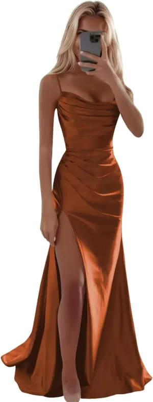 Dessiny Spaghetti Straps Satin Bridesmaid Dresses with Slit 2025 Long Mermaid Formal Prom Dresses for Women DE377