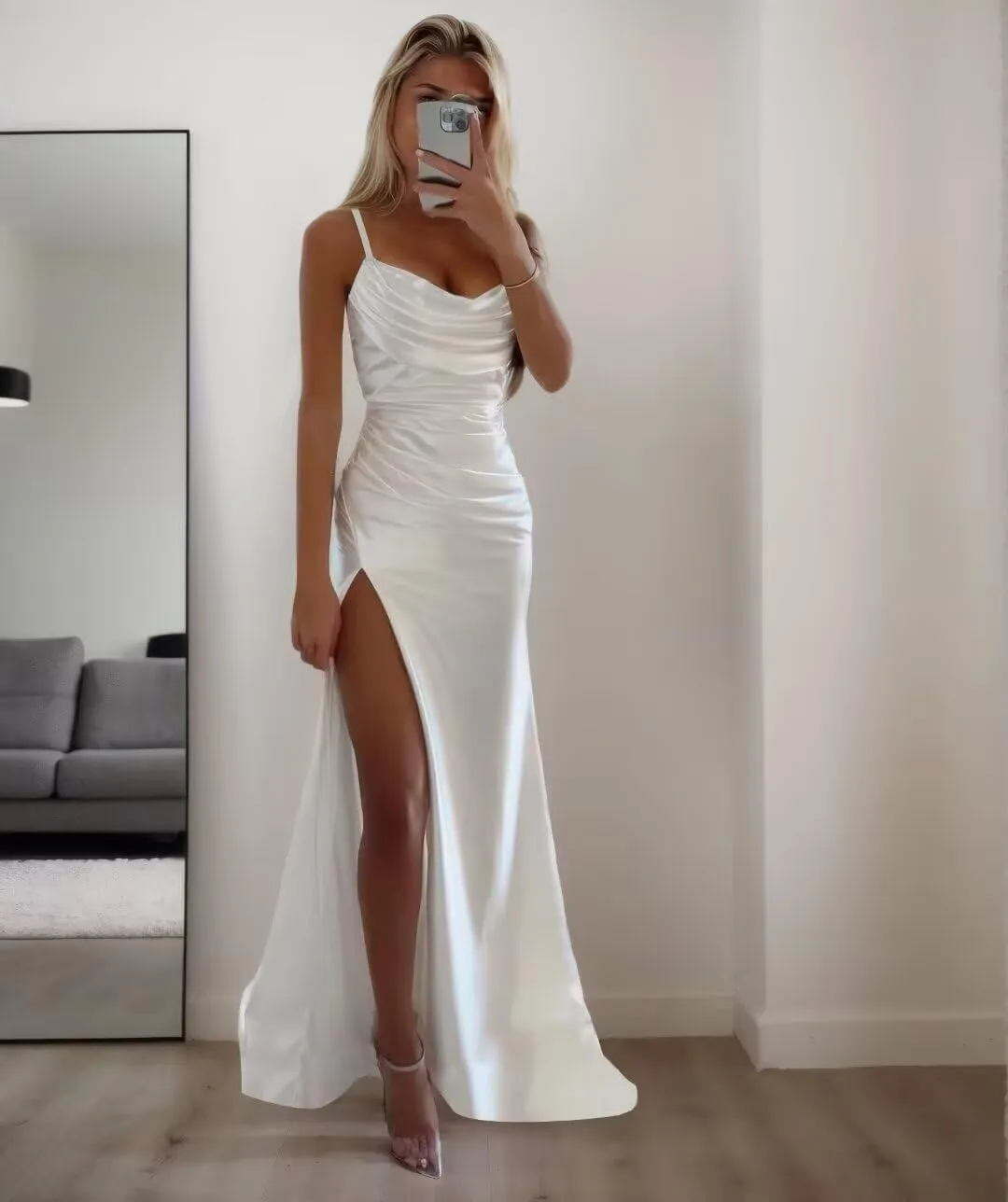 Dessiny Spaghetti Straps Satin Bridesmaid Dresses with Slit 2025 Long Mermaid Formal Prom Dresses for Women DE377