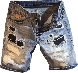 DGHM-JLMY Men's Ripped Straight Washed Denim Shorts Mid-Rise Patchwork Frayed Jean Shorts Casual Broken Straight Short Jeans