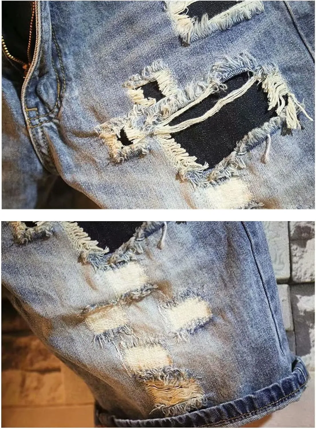 DGHM-JLMY Men's Ripped Straight Washed Denim Shorts Mid-Rise Patchwork Frayed Jean Shorts Casual Broken Straight Short Jeans