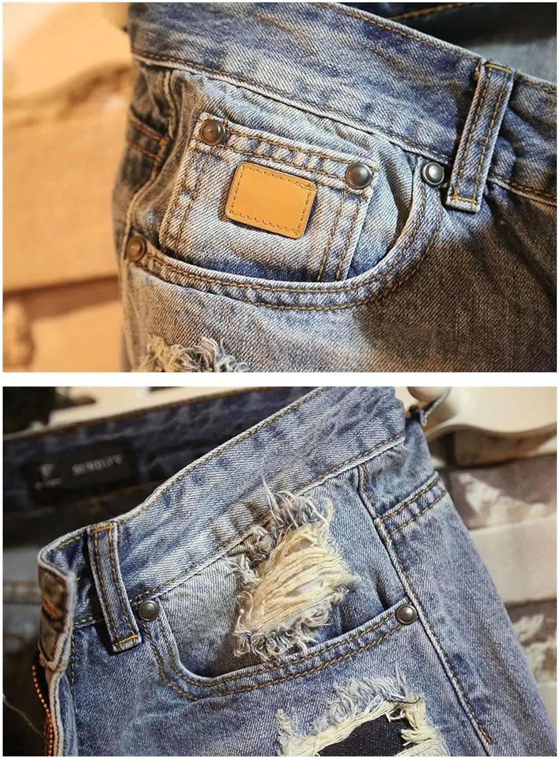 DGHM-JLMY Men's Ripped Straight Washed Denim Shorts Mid-Rise Patchwork Frayed Jean Shorts Casual Broken Straight Short Jeans