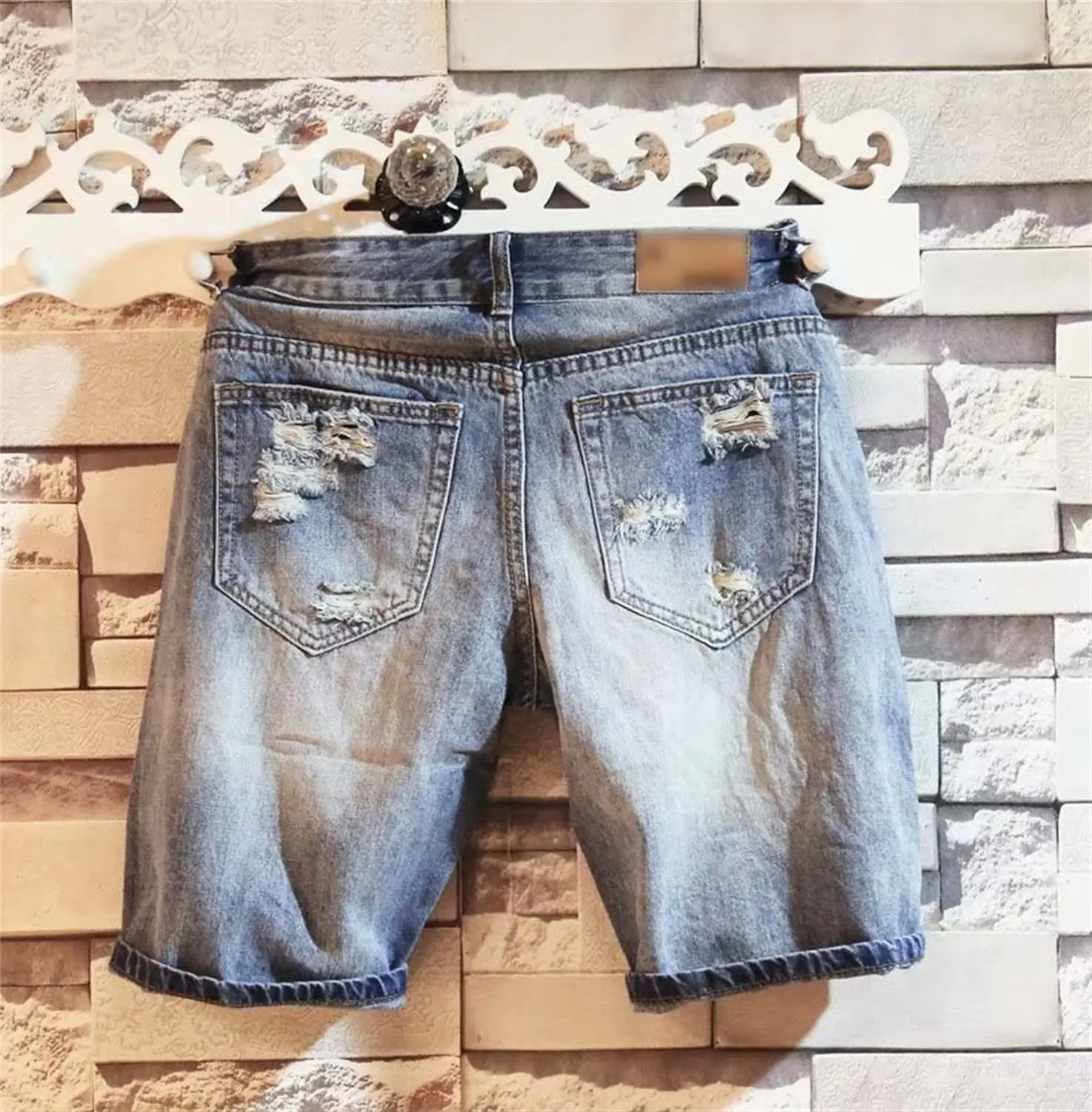 DGHM-JLMY Men's Ripped Straight Washed Denim Shorts Mid-Rise Patchwork Frayed Jean Shorts Casual Broken Straight Short Jeans