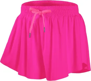 DIPUG Girls Butterfly Shorts with Pocket 2-in-1 Flowy Spandex Athletic Skorts for Running, Dance, Cheering, Sports, 5-16