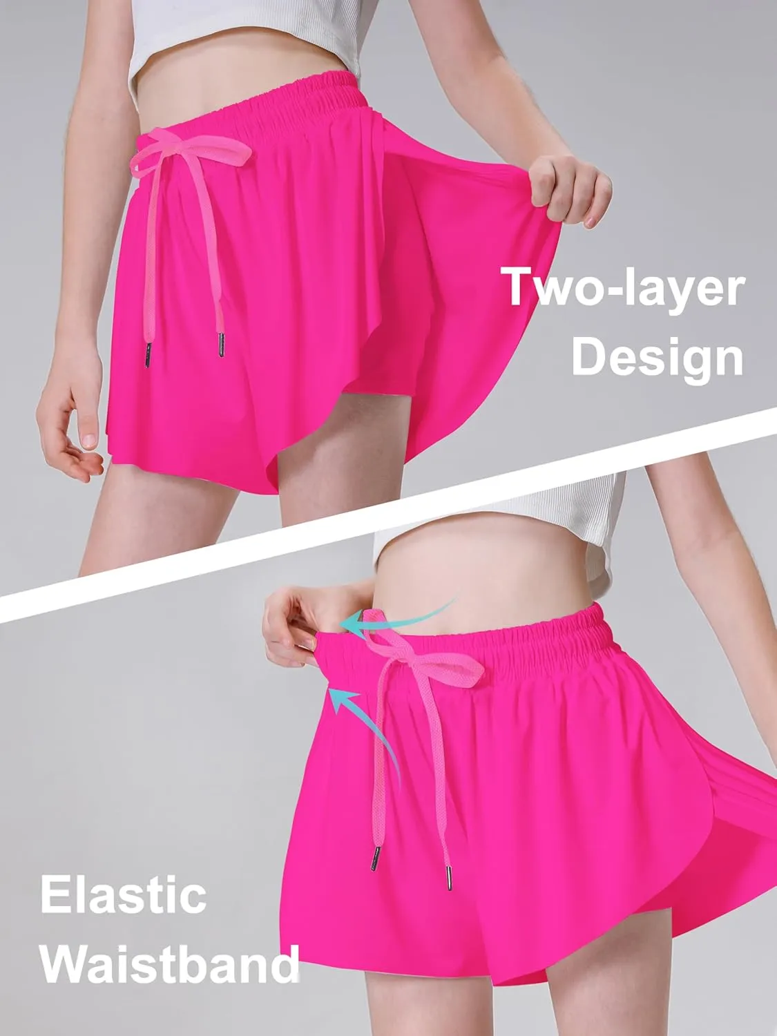 DIPUG Girls Butterfly Shorts with Pocket 2-in-1 Flowy Spandex Athletic Skorts for Running, Dance, Cheering, Sports, 5-16