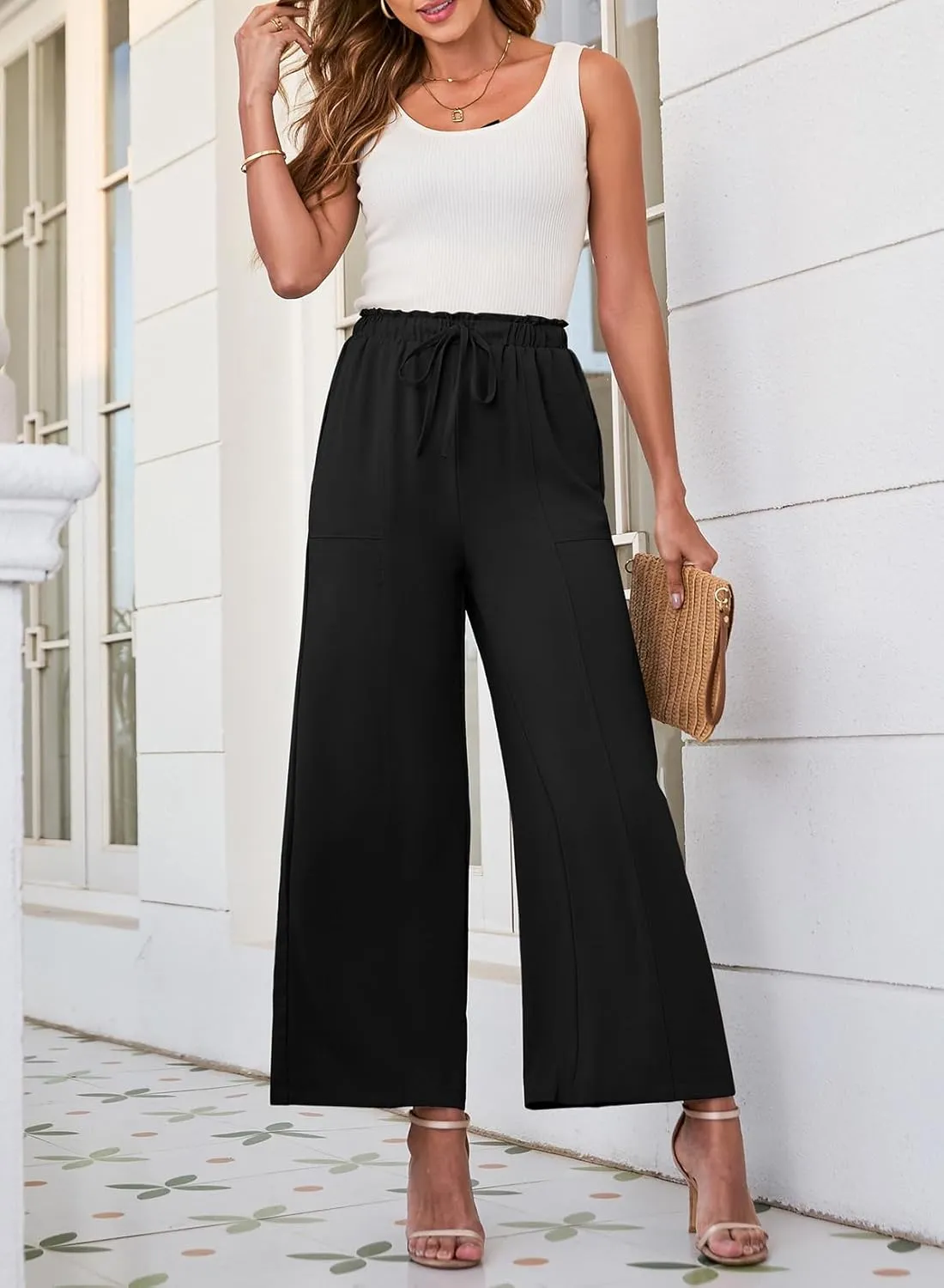 Dokotoo Women's Flowy Wide Leg Pants Casual Beach Pants High Waisted Drawstring Palazzo Trousers with Pockets