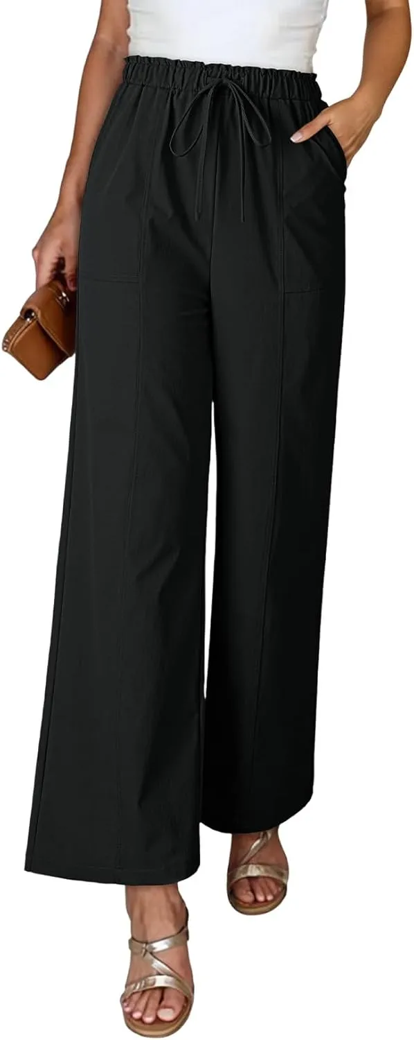 Dokotoo Women's Flowy Wide Leg Pants Casual Beach Pants High Waisted Drawstring Palazzo Trousers with Pockets