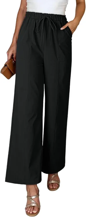 Dokotoo Women's Flowy Wide Leg Pants Casual Beach Pants High Waisted Drawstring Palazzo Trousers with Pockets