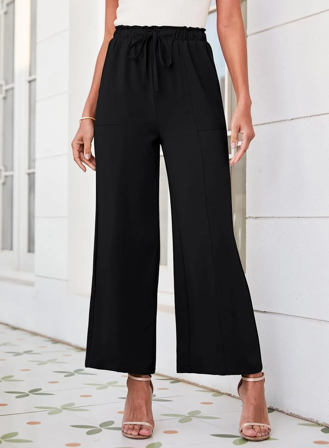 Dokotoo Women's Flowy Wide Leg Pants Casual Beach Pants High Waisted Drawstring Palazzo Trousers with Pockets