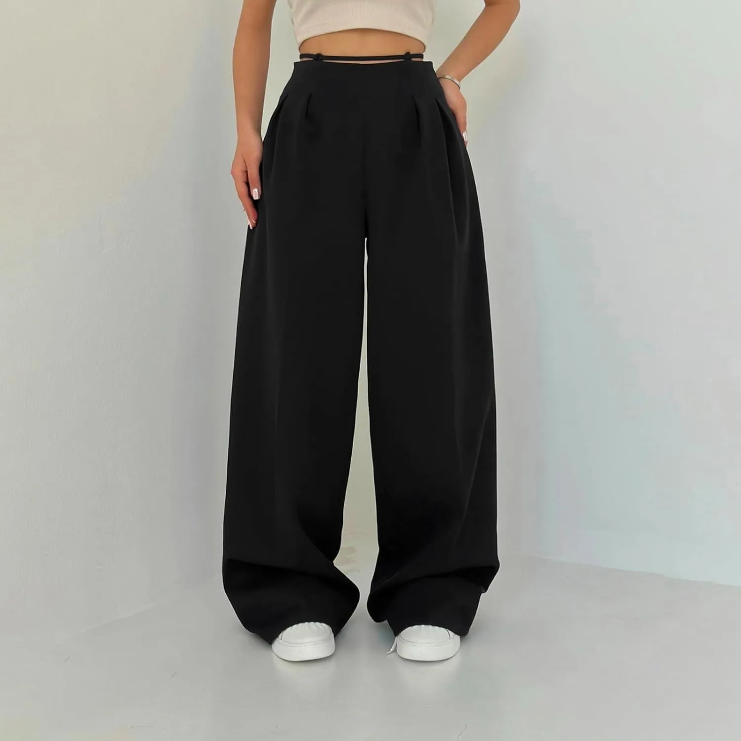 Dress Suit Pants for Women Flat Front Pleated High Waist Wide Leg Trousers Casual Loose Fit Breathable Business Pants