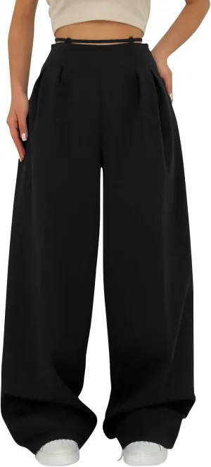 Dress Suit Pants for Women Flat Front Pleated High Waist Wide Leg Trousers Casual Loose Fit Breathable Business Pants