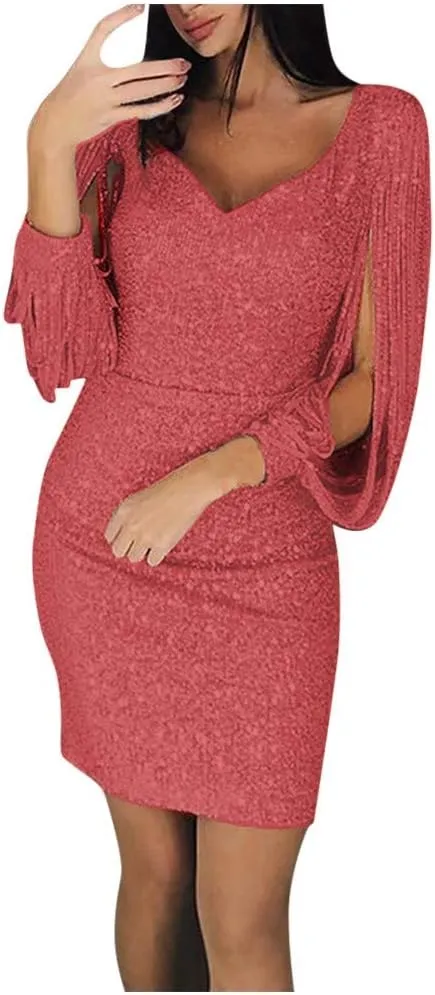 Dresses for Women Sparkly Sequin Mini Dress V-Neck Long Sleeve Glitter Clubwear Party Outfits Cocktail Gown Dress