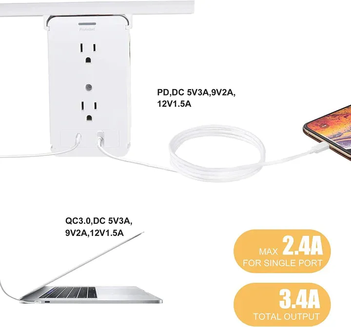 E-Macht Socket Shelf Outlet 2 Pack Surge Protector Extender Wall plug with USB A C Ports(3.4A Total), 8 AC Outlets