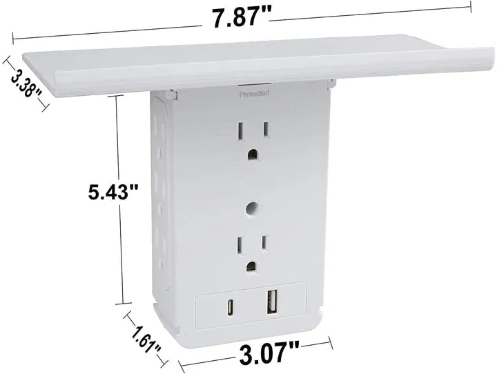 E-Macht Socket Shelf Outlet 2 Pack Surge Protector Extender Wall plug with USB A C Ports(3.4A Total), 8 AC Outlets