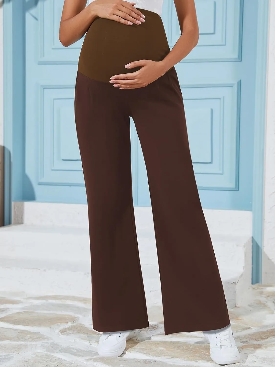 Ecavus Women's Wide Leg Maternity Pants with Pockets - Stretchy Over The Belly Pregnancy Casual and Work Trousers