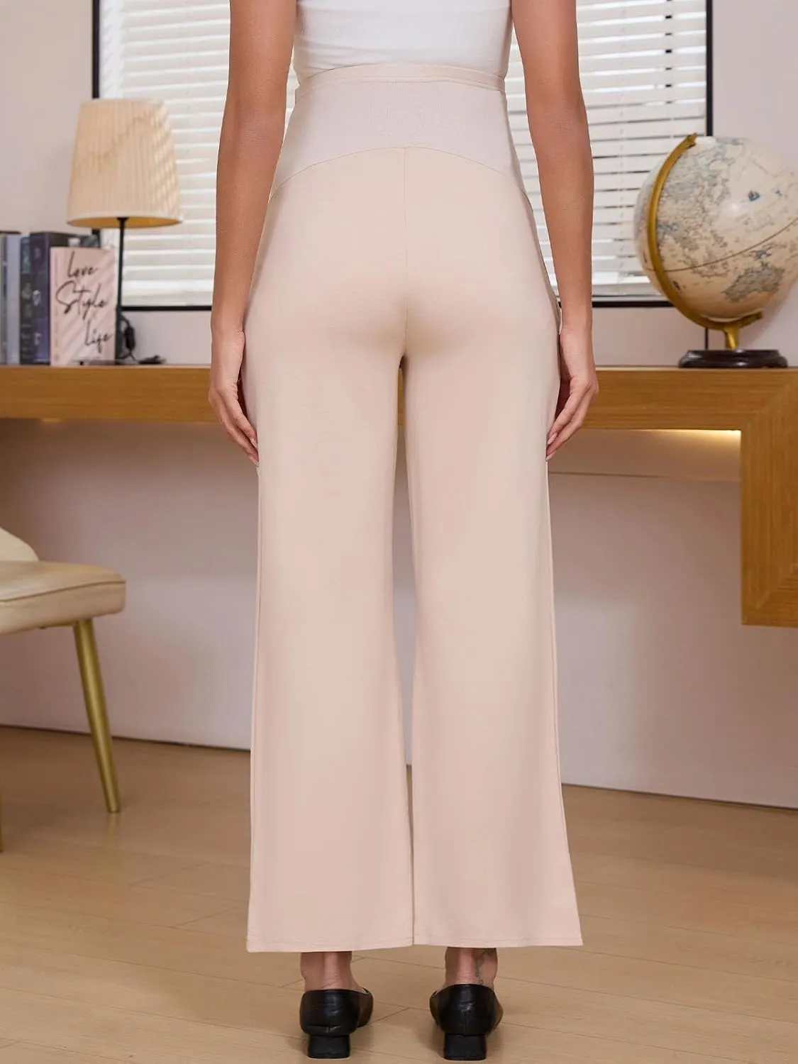 Ecavus Women's Wide Leg Maternity Pants with Pockets - Stretchy Over The Belly Pregnancy Casual and Work Trousers