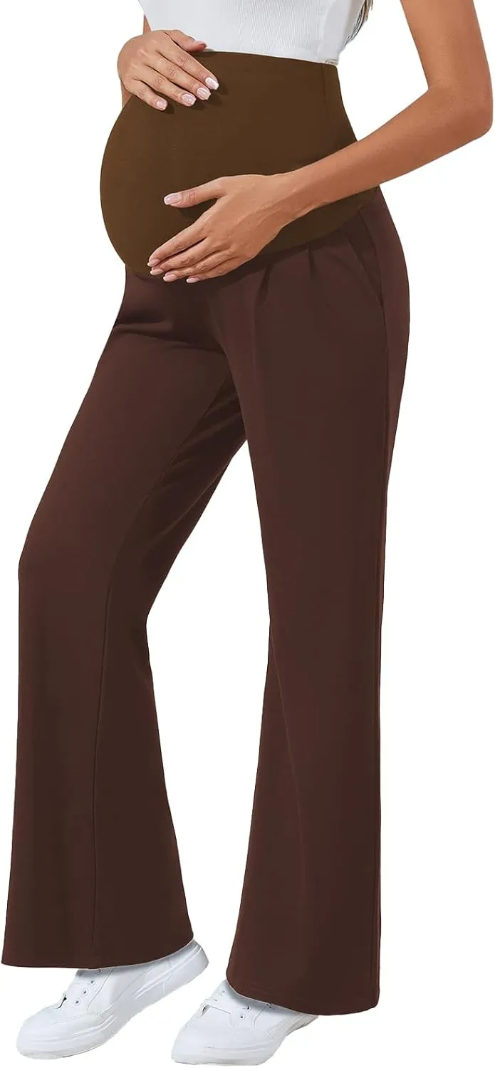 Ecavus Women's Wide Leg Maternity Pants with Pockets - Stretchy Over The Belly Pregnancy Casual and Work Trousers
