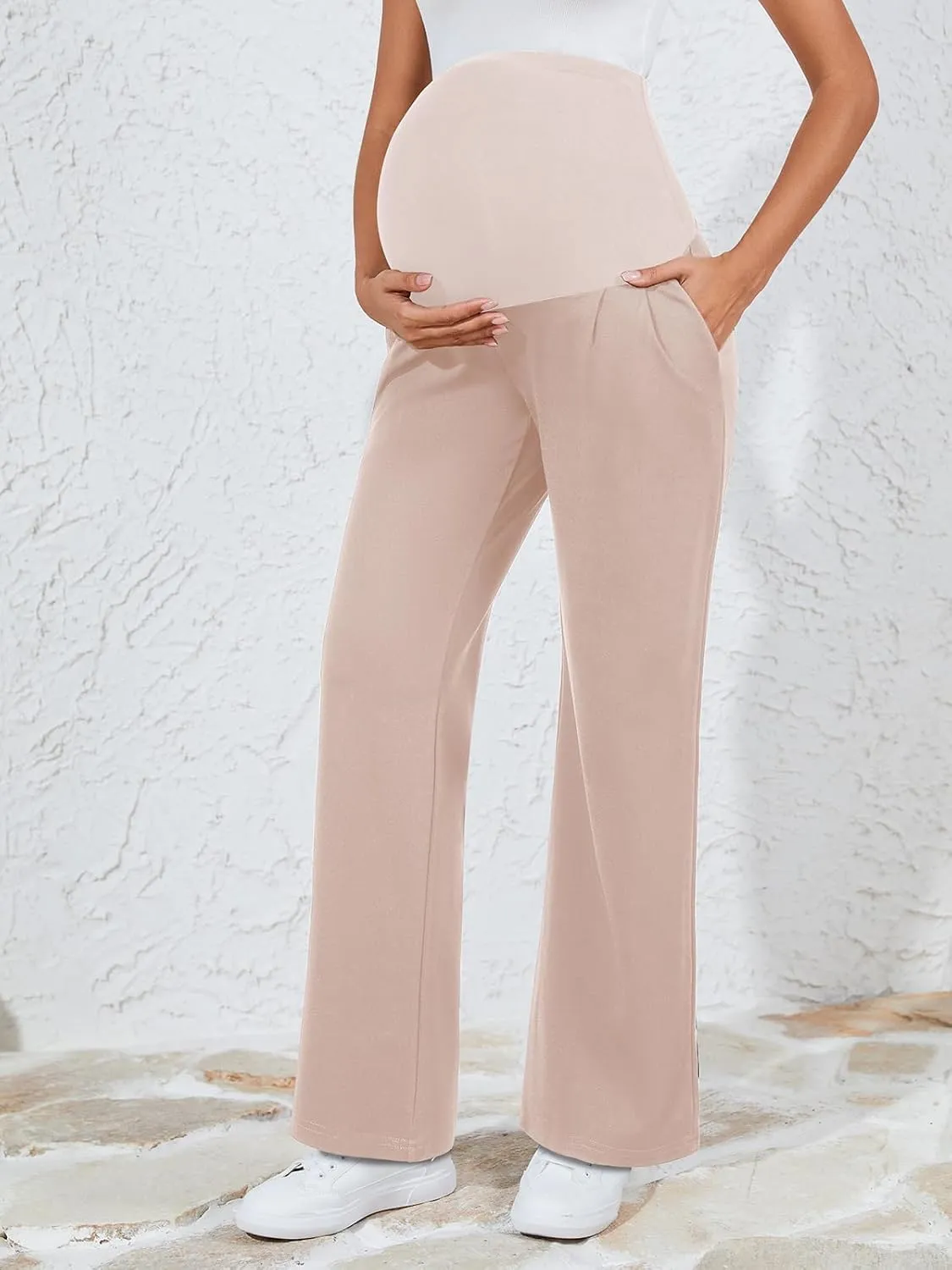 Ecavus Women's Wide Leg Maternity Pants with Pockets - Stretchy Over The Belly Pregnancy Casual and Work Trousers