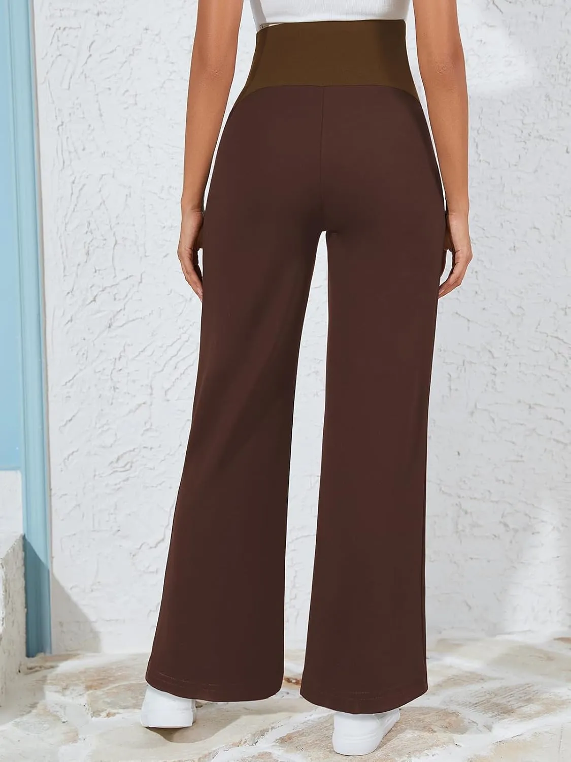 Ecavus Women's Wide Leg Maternity Pants with Pockets - Stretchy Over The Belly Pregnancy Casual and Work Trousers