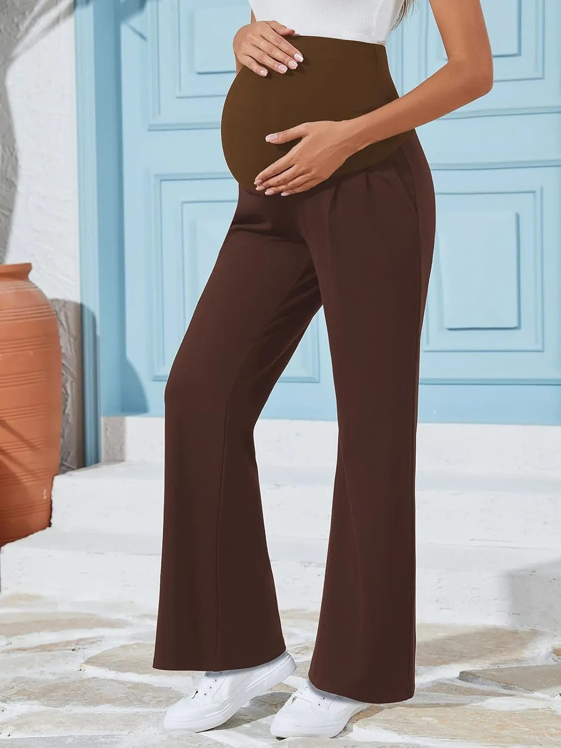 Ecavus Women's Wide Leg Maternity Pants with Pockets - Stretchy Over The Belly Pregnancy Casual and Work Trousers