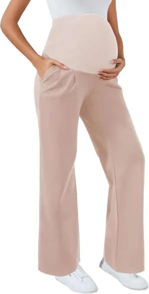 Ecavus Women's Wide Leg Maternity Pants with Pockets - Stretchy Over The Belly Pregnancy Casual and Work Trousers