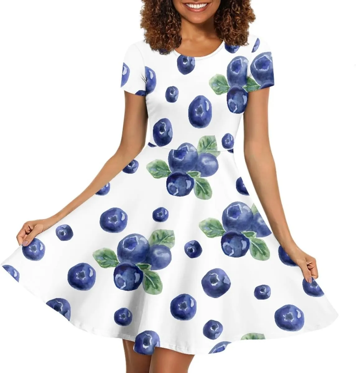 ENLACHIC Women's Summer Floral Lemon Print Dress Short Sleeve Swing T Shirt Midi Dresses