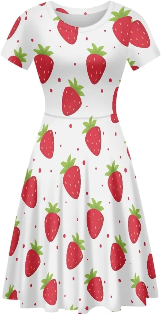 ENLACHIC Women's Summer Floral Lemon Print Dress Short Sleeve Swing T Shirt Midi Dresses