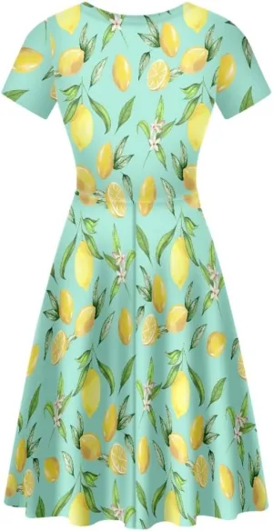ENLACHIC Women's Summer Floral Lemon Print Dress Short Sleeve Swing T Shirt Midi Dresses