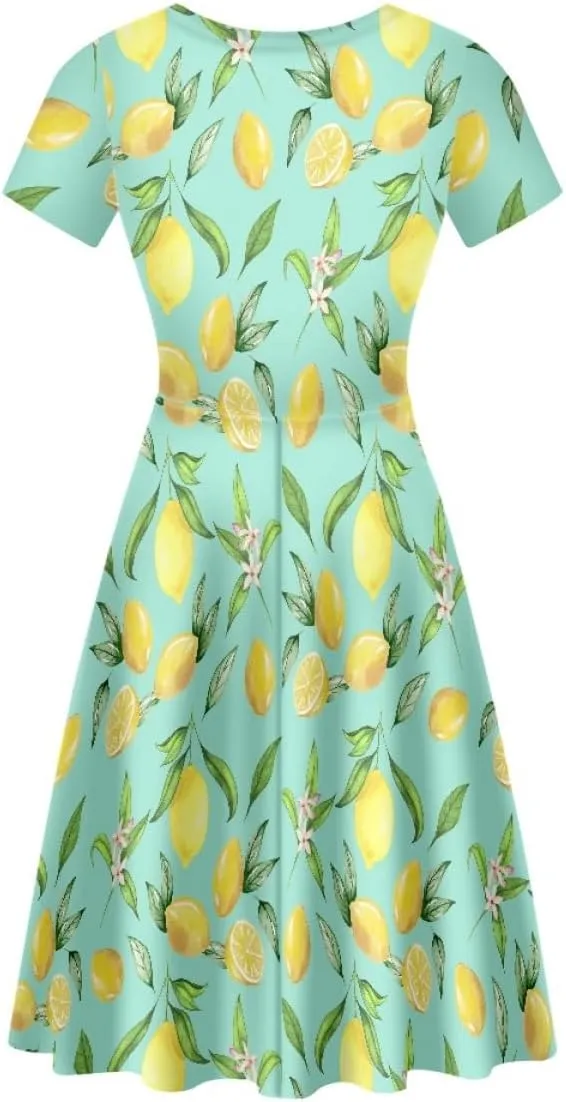 ENLACHIC Women's Summer Floral Lemon Print Dress Short Sleeve Swing T Shirt Midi Dresses