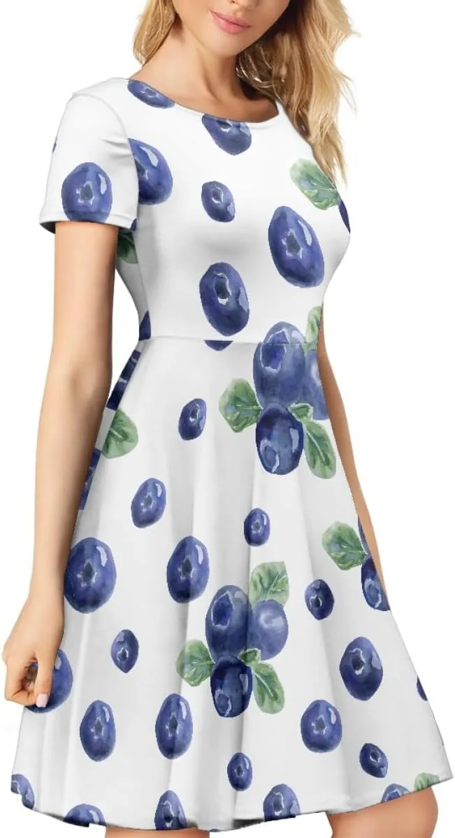 ENLACHIC Women's Summer Floral Lemon Print Dress Short Sleeve Swing T Shirt Midi Dresses