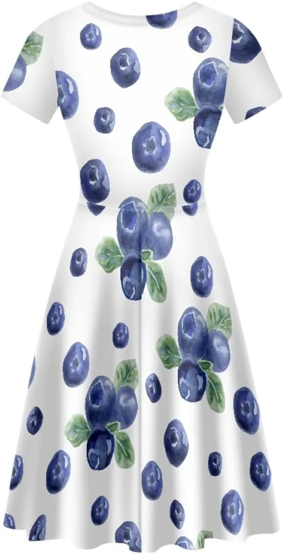 ENLACHIC Women's Summer Floral Lemon Print Dress Short Sleeve Swing T Shirt Midi Dresses