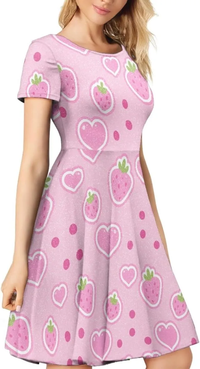 ENLACHIC Women's Summer Floral Lemon Print Dress Short Sleeve Swing T Shirt Midi Dresses