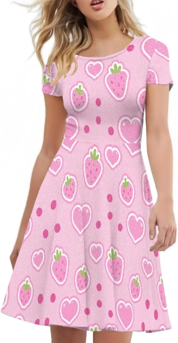 ENLACHIC Women's Summer Floral Lemon Print Dress Short Sleeve Swing T Shirt Midi Dresses