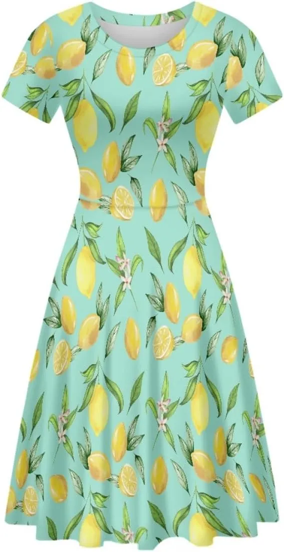 ENLACHIC Women's Summer Floral Lemon Print Dress Short Sleeve Swing T Shirt Midi Dresses