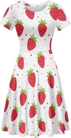 ENLACHIC Women's Summer Floral Lemon Print Dress Short Sleeve Swing T Shirt Midi Dresses