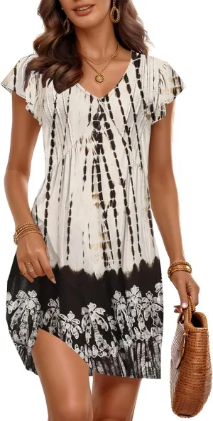 ETCYY Summer Dresses for Women 2025 Beach Casual V Neck Loose Sundress Ruffle Short Sleeve Mini Dress