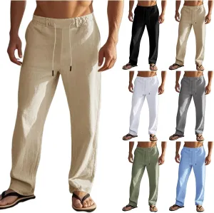 evzosrz Linen Pants fo Men Casual High Waisted Elastic Drawstring Trousers Straight Legs Cotton Linen Fashion 2025 Beach Pant