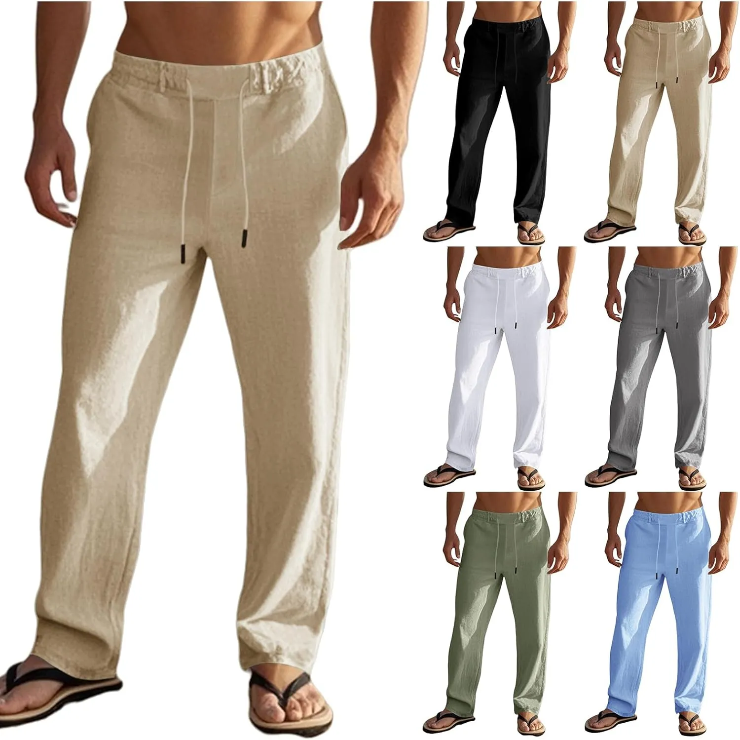 evzosrz Linen Pants fo Men Casual High Waisted Elastic Drawstring Trousers Straight Legs Cotton Linen Fashion 2025 Beach Pant