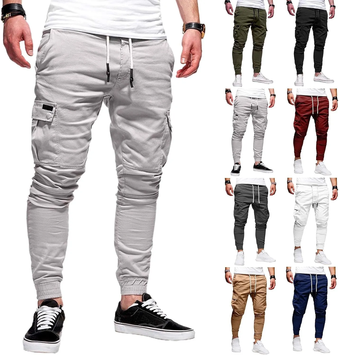 evzosrz Men Joggers Cargo Pants Slim Fit Drawstring Sports Athletic Workout Fitness Track Tapered Jogging Trousers Sweatpants