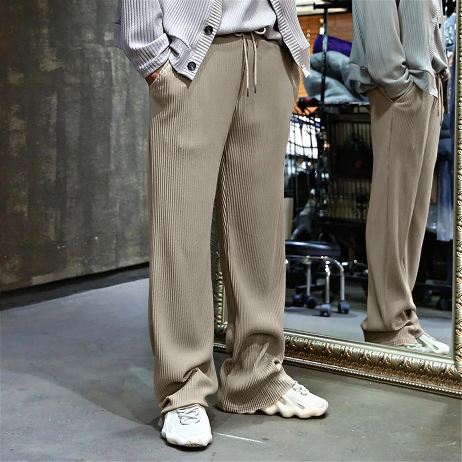 evzosrz Mens Casual Ribbed Knit Pants Straight Lightweight Drawstring Beach Yoga Pants Loose Fit Striped Long Trousers