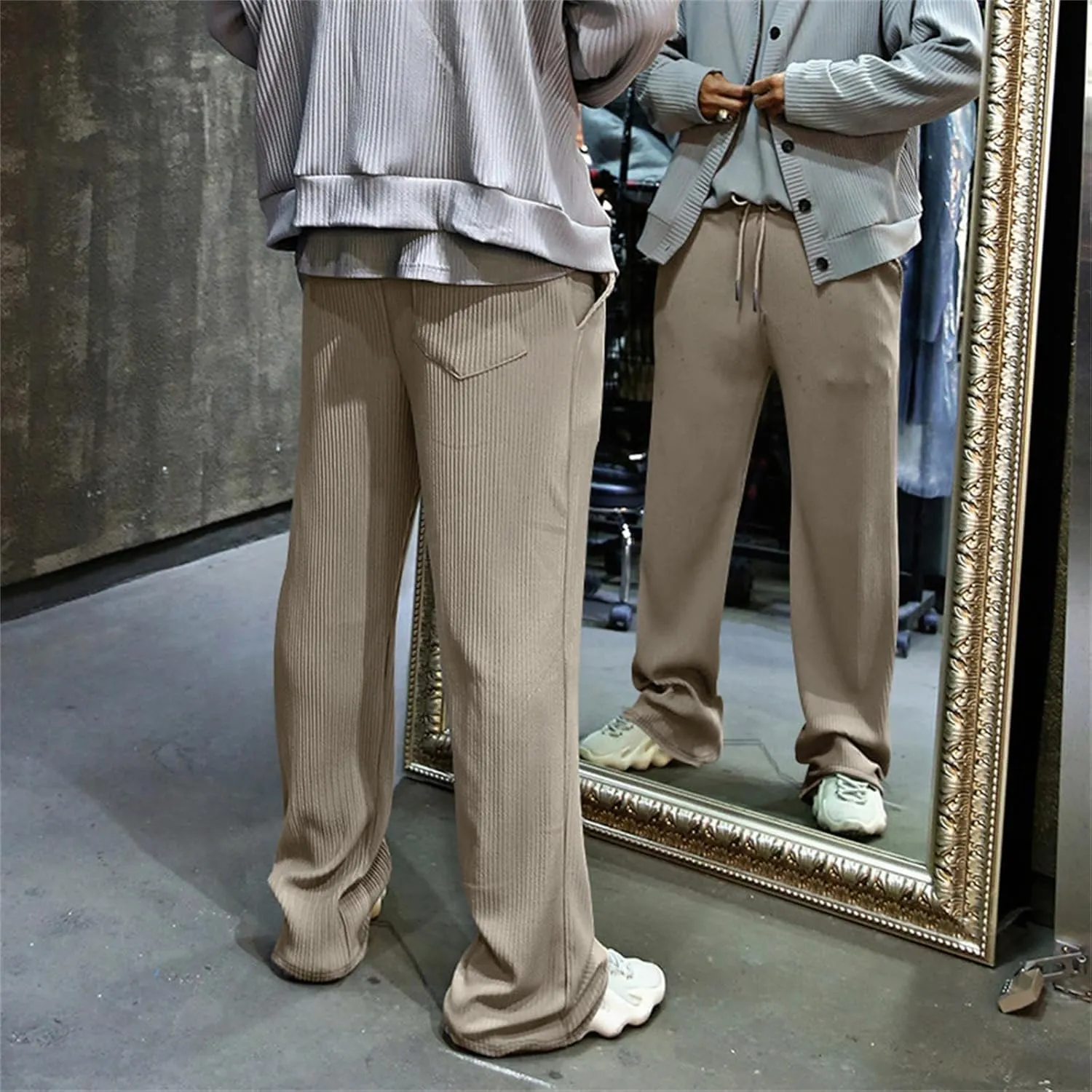 evzosrz Mens Casual Ribbed Knit Pants Straight Lightweight Drawstring Beach Yoga Pants Loose Fit Striped Long Trousers