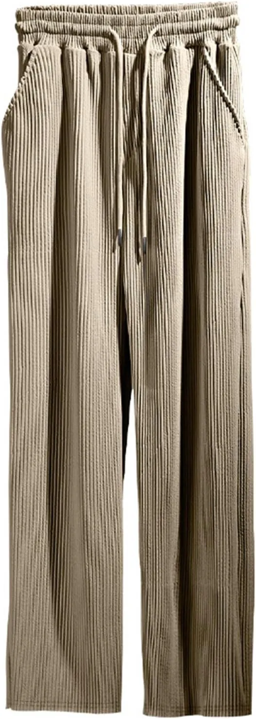 evzosrz Mens Casual Ribbed Knit Pants Straight Lightweight Drawstring Beach Yoga Pants Loose Fit Striped Long Trousers