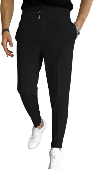 evzosrz Mens Casual Waffle Pants Pleated Front Slim Fit Straight Tapered Jogger Trousers Drawstring Workout Lounge Sweatpant