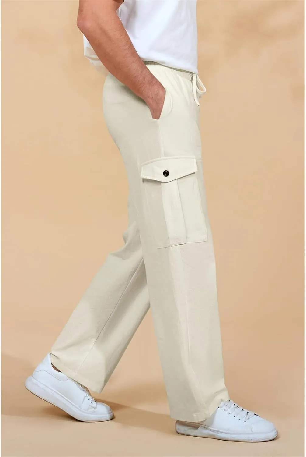 evzosrz Mens Casual Yoga Pants Elastic Waist Drawstring Trousers Casual Fall Beach Cargo Pant with Pockets
