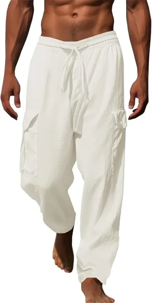 evzosrz Mens Casual Yoga Pants Elastic Waist Drawstring Trousers Casual Fall Beach Cargo Pant with Pockets