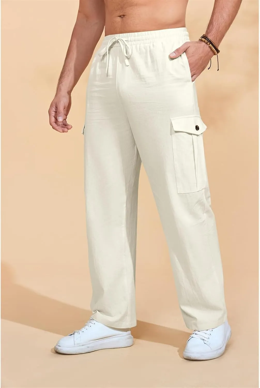 evzosrz Mens Casual Yoga Pants Elastic Waist Drawstring Trousers Casual Fall Beach Cargo Pant with Pockets